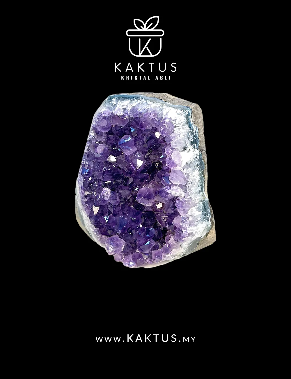 Deep purple amethyst cluster topped with natural white calcite formations