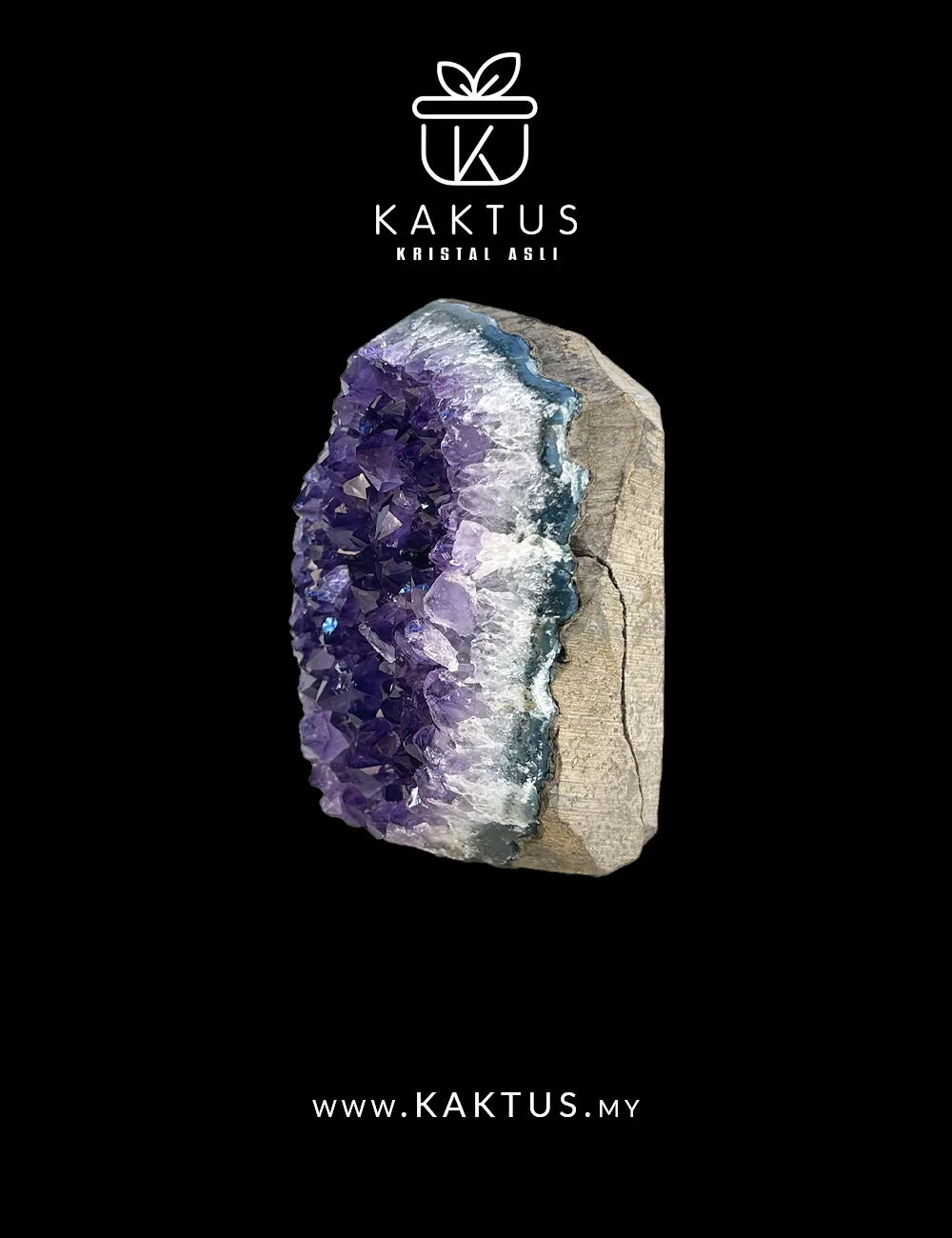 Unique amethyst crystal base with translucent calcite blades growing on top