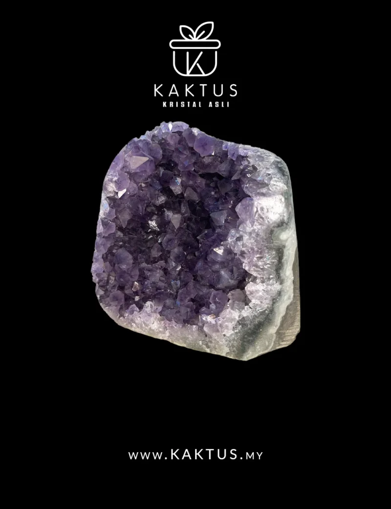 Amethyst crystal plate with prominent calcite crystals enhancing contrast and healing energy