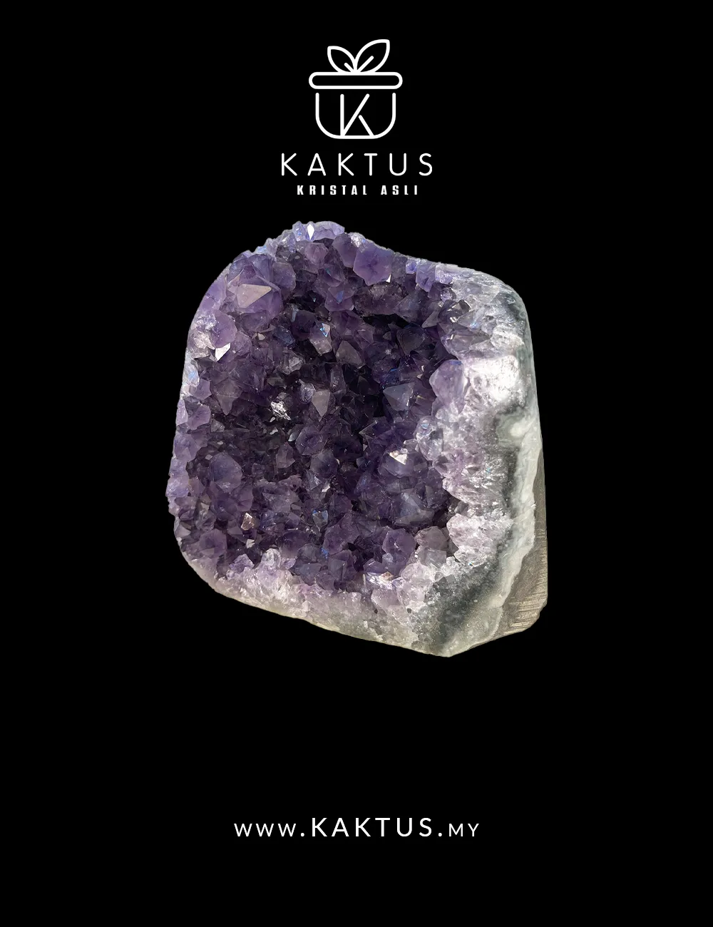 Amethyst crystal plate with prominent calcite crystals enhancing contrast and healing energy